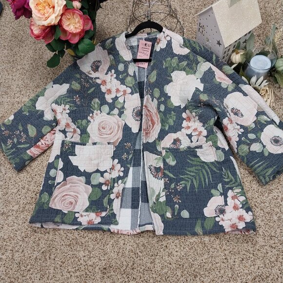 Handmade Jackets & Blazers - 3387 Size 1X/XL Quilted Coat, Made from a Quilt In Grey, Green and Pink Floral.